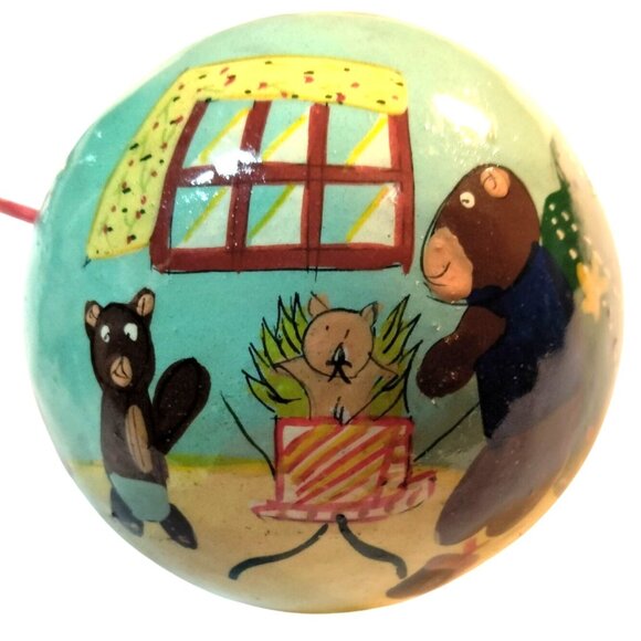 Christmas Ornament Creepy Bear Family Scene Vintage Hand Painted Folk Art - Picture 3 of 10